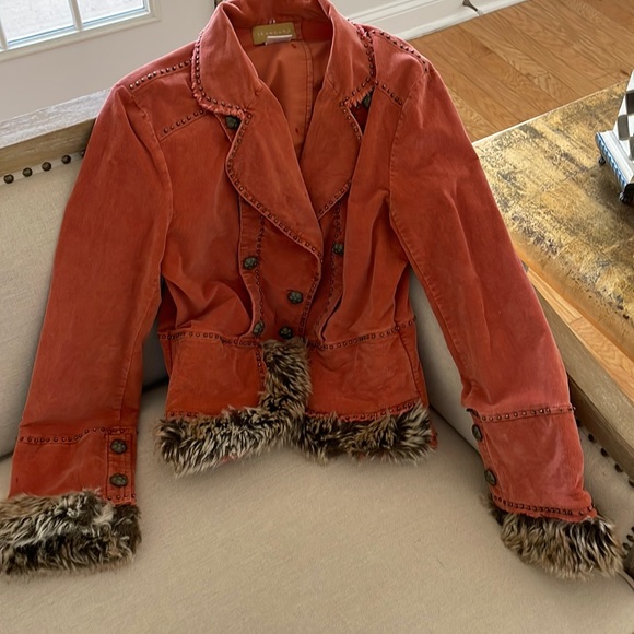 Corduroy jacket. Fur cuffs. pumpkin color with brass studs & buttons. So unique! - Picture 4 of 10